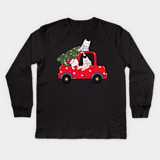 cute kitten cat with christmas tree on red truck car Kids Long Sleeve T-Shirt